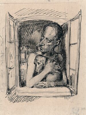 Bruno Schulz, obraz, Chłopiec z psem w oknie. (Portret siostrzeńca artysty, Ludwika Hoffmana), ok.1933